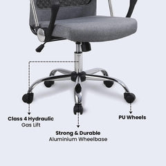 Kuber Industries Ergonomic Office Chairs for Work From Home | Comes with Manual Height Adjustable, Armrest, Headrest & 2D Lumbar Support | Comfy Study Chair for Students with Wheels | Grey | MC10-GY