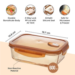 Urbane Home Pack of 3 Borosilicate Glass Kitchen Containers Set with Airvent Pp Lid | Airtight Rectangular Fridge Storage Boxes for Grains, Pulses, Spices, Snacks | 600 ml Each | Transparent