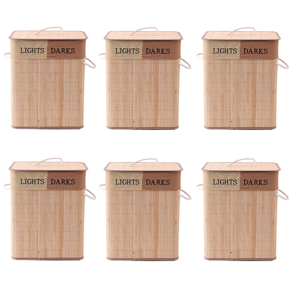 Kuber Industries Bamboo Basket With Lid|Foldable Laundry Basket For Clothes|Durable Rope Handles & Removable Bag|Natural|Pack Of 5