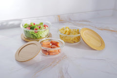 Kuber Industries Set of 3 Borosilicate Galss 950ml, 650ml, 400ml Round Food Kitchen Containers Set with Bamboo Lid | Multipurpose Storage Box for Fridge Organizers | LB301RD-Transparent