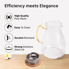 Urbane Home Borosilicate Glass Water Jug with Lid (1820ml), 4 Cups (320ml) & Bamboo Tray | Glass Jug for Water, Juice, Coffee, Iced Tea | Gift Items | Kitchen Accessories Items