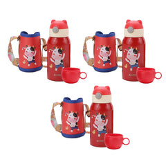 Kuber Industries Water Bottle for Kids | Mooh Design Stainless Steel Flask with Straw, Cup & Fabric Cover | Food Grade Plastic Lid | Broad Fabric Strap | Leak Proof, BPA Free | 500 ml (Pack of 3)