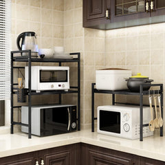 Kuber Industries 2-Layer Microwave Oven Rack|Telescopic Storage Rack|Microwave Shelf Stand With Hanging Hooks|Kitchen Counter Shelf Organizer Pack of 3 (Black)