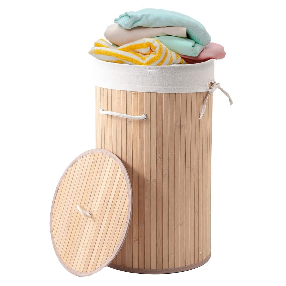 Heart Home Durable & Foldable Bamboo Laundry Basket For Clothes With Lid & Rope Handle | Eco Friendly Washing Clothes Bucket/Storage Box Organizer | BS010NR-Natural Wooden Brown