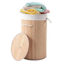 Heart Home Durable & Foldable Bamboo Laundry Basket For Clothes With Lid & Rope Handle | Eco Friendly Washing Clothes Bucket/Storage Box Organizer | BS010NR-Natural Wooden Brown
