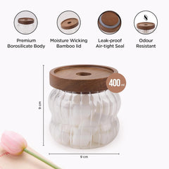 Kuber Industries Borosilicate Glass Jar with Acacia Lid | Kitchen Organizer Items & Storage | Multi-utility, Leakproof, Airtight Storage Jar for Cookies, Snacks, Tea, Coffee, Sugar | Set of 2 | 400ml