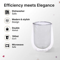 Kuber Industries 4 Pcs Double Walled Borosilicate Glass | High Thermal Resistance | Microwave & Dishwasher Safe | 190 ML | Pack of 2 | Grey