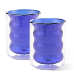 Kuber Industries 4 Pcs Waved Shape Glasses | Double Walled Borosilicate Glass | High Thermal Resistance | Microwave & Dishwasher Safe | 200 ML | Pack of 2 | Blue