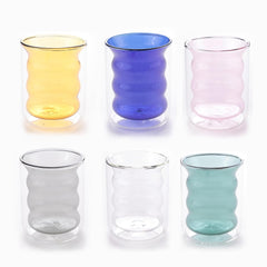 Kuber Industries 6 Pcs Waved Shape Glasses | Double Walled Borosilicate Glass | High Thermal Resistance | Microwave & Dishwasher Safe | 200 ML | Pack of 3 | Blue