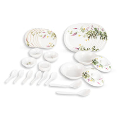Kuber Industries 40 Pieces Round Melamine Microwave & Dishwasher Safe Dinnerware Kitchen Crockery Set | Glossy Dinner Sets & Kitchen Set for Home | Deluxe Lavendar Floral - White