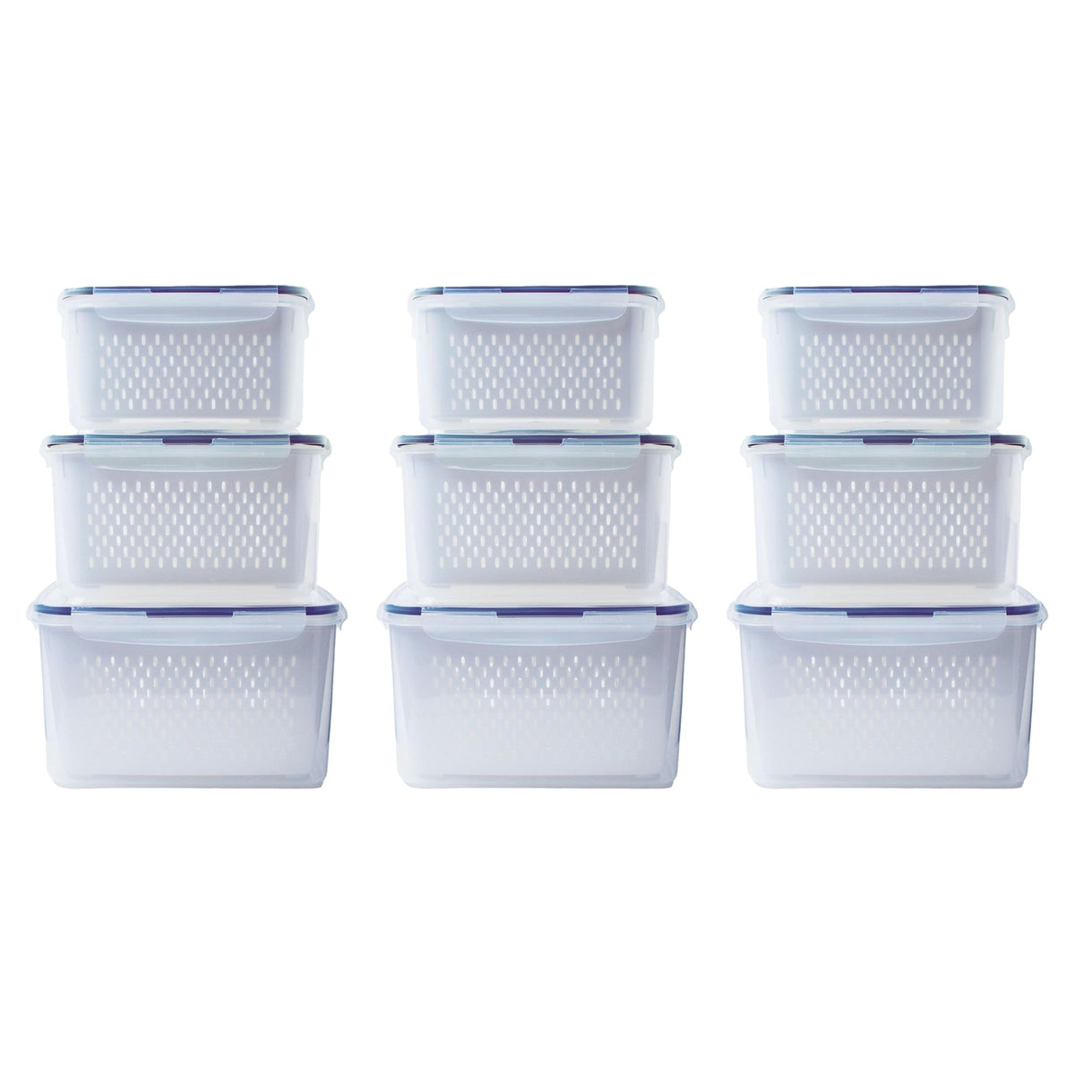 Kuber Industries 9 Pcs Food Containers | Storage Box for Fridge | Vegetable Fruit Boxes | Refrigerator Storage Box | Containers With Airtight Lid | Strainer Basket | HXP00284 | Transparent |Pack of 3