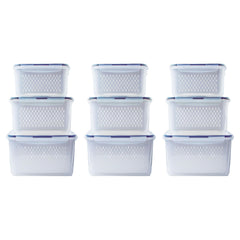 Kuber Industries 9 Pcs Food Containers | Storage Box for Fridge | Vegetable Fruit Boxes | Refrigerator Storage Box | Containers With Airtight Lid | Strainer Basket | HXP00284 | Transparent |Pack of 3