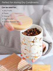 Urbane Home 1000ml Ceramic Jar for Kitchen Storage | Air Tight Container Set with Bamboo Lid | Kitchen Container for Snacks, Tea, Sugar | Multipurpose Organizer | White with print | Pack of 2