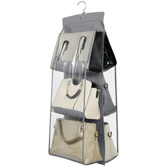 Kuber Industries Dust Proof Hanging Handbag Purse Clutch Organizer with 6 Large Compartments & Hanger (Grey), Cotton