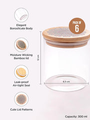 Urbane Home Borosilicate Glass Jar with Printed Bamboo Lid|Kitchen Organizer Items and Storage|Multi-utility, Leakproof, Airtight Storage Jar for Cookies,Snacks,Tea,Coffee,Sugar|Pack of 6(300ml)
