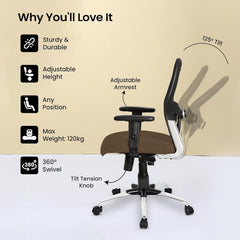 Kuber Industries Ergonomic Office Chairs for Work From Home with Meshback | Comes with Manual Height Adjustable Armrest & 2D Lumbar Support | Comfy Chair for Students with Wheels | Black & Brown Seat