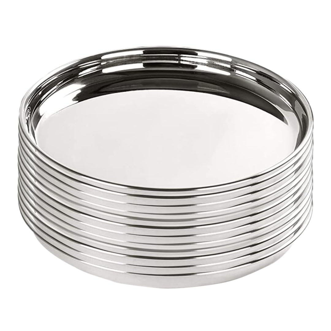 Kuber Industries Stainless Steel Dining Plate Set | Blunt Edges, Deep Base | Glossy Finish, Durable, Easy to Clean | Steel Plates for Lunch, Breakfast, Dinner | Set of 4 (Pack of 3)