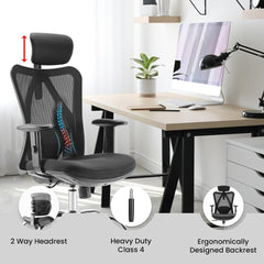 Kuber Industries Ergonomic Office Chairs for Work From Home | Comes with Manual Height Adjustable, Armrest, Headrest & 2D Lumbar Support | Comfy Study Chair for Students with Wheels | Black