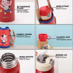 Kuber Industries Water Bottle for Kids | Mooh Design Stainless Steel Flask with Straw, Cup & Fabric Cover | Food Grade Plastic Lid | Broad Fabric Strap | Leak Proof, BPA Free | 500 ml (Pack of 2)