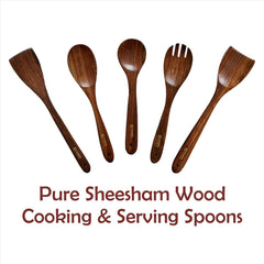 Kuber Industries Sheesham Handicrafts Wooden Serving and Cooking Spoons | No Harmful Polish | Naturally Non-Stick | Wood Brown Spoons Kitchen Utensil | Handmade Spatula Set of 5 (Pack of 3)