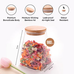 Urbane Home Borosilicate Glass Jar with Bamboo Lid | Kitchen Organizer Items & Storage | Multi-utility, Leakproof, Airtight Storage Jar for Cookies, Snacks, Tea, Coffee, Sugar | Set of 2 (980ml)