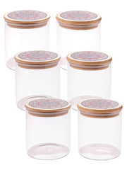 Kuber Industries Borosilicate Glass Jar with Printed Bamboo Lid|Kitchen Organizer Items and Storage|Multi-utility, Leakproof, Airtight Storage Jar for Cookies,Snacks,Tea,Coffee,Sugar|Pack of 6(300ml)