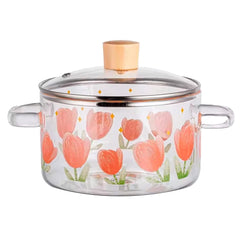 Homestic Borosilicate Glass 1.45L Saucepan with Lid & Handle | Induction Pan Cookware | Handi for Cooking | Microwave Safe | Cooktop for Tea/Milk/Pasta/Rice | Transparent- Pink Flower Print