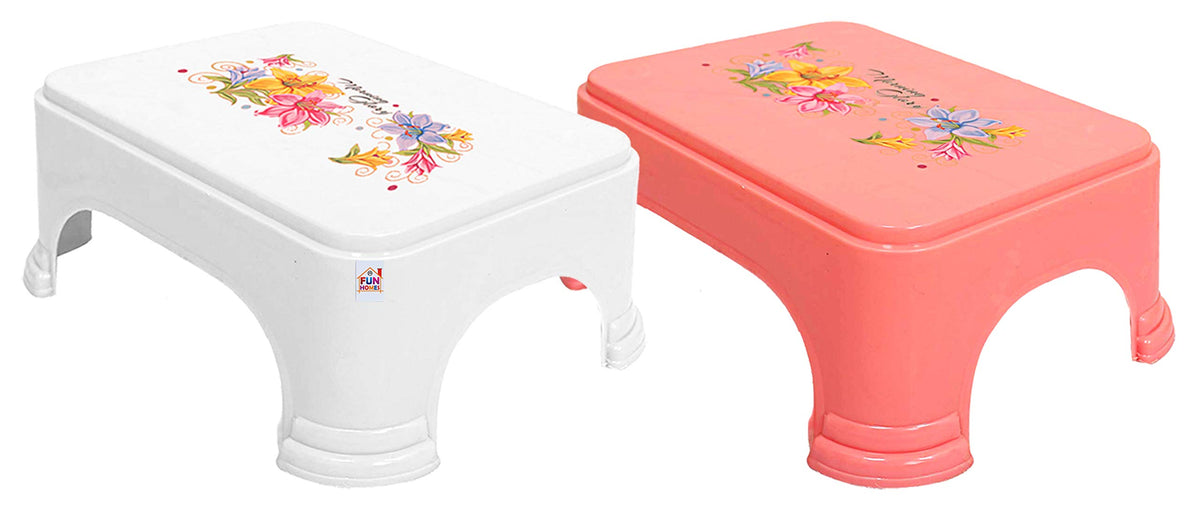 Fun Homes Floral Print 2 Pieces Plastic Bathroom Stool, Pink & White