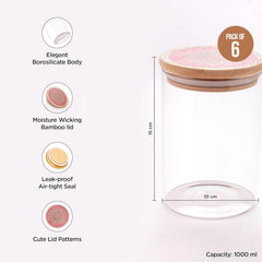 Urbane Home Borosilicate Glass Jar with Printed Bamboo Lid|Kitchen Organizer Items and Storage|Multi-utility, Leakproof, Airtight Storage Jar for Cookies,Snacks,Tea,Coffee,Sugar|Pack of 6(1000ml)