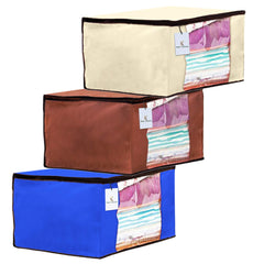 Kuber Industries 3 Piece Non Woven Fabric Saree Cover Set with Transparent Window, Extra Large, Ivory,Royal Blue,Dark Brown-CTKTC23699