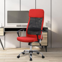 Kuber Industries Ergonomic Office Chairs for Work From Home | Comes with Manual Height Adjustable, Armrest, Headrest & 2D Lumbar Support | Comfy Study Chair for Students with Wheels | Red | MC10-RD