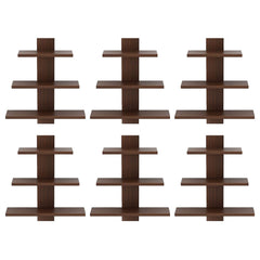 Kuber Industries Wooden Wall Shelf|Multipurpose Tree Shape Display Rack|Engineered Wood Mount 3 Tier Shelves For Office & Home Décor (Brown) (Pack Of 6)