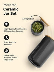Urbane Home 1000ml Ceramic Jar for Kitchen Storage | Air tight Container Set with Bamboo Lid | Kitchen Container for Snacks, Tea, Sugar | Multipurpose Organizer | Black | Pack of 2