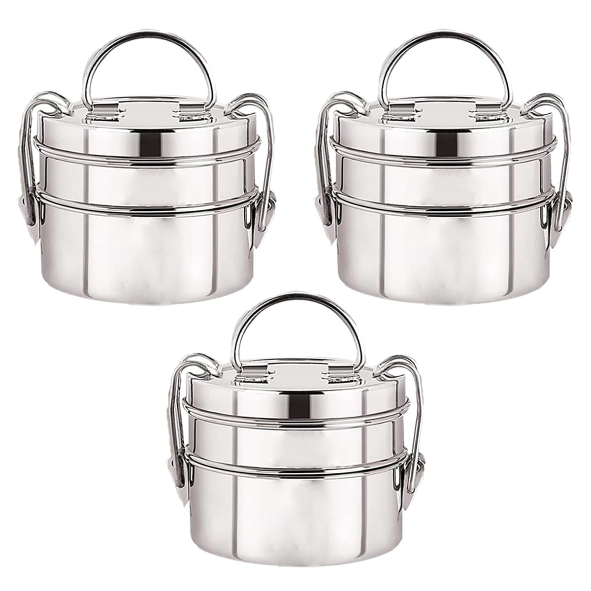 Kuber Industries Clipper Stainless Steel Tiffin Box | Lunch Box with Locking Clip I Silver | Set of 2 Box | Everyday use Home Office Steel Lunch Box (2 Container, 1000ml) (Pack of 3)