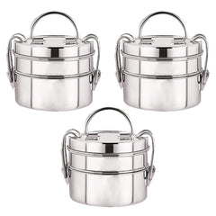 Kuber Industries Clipper Stainless Steel Tiffin Box | Lunch Box with Locking Clip I Silver | Set of 2 Box | Everyday use Home Office Steel Lunch Box (2 Container, 1000ml) (Pack of 3)