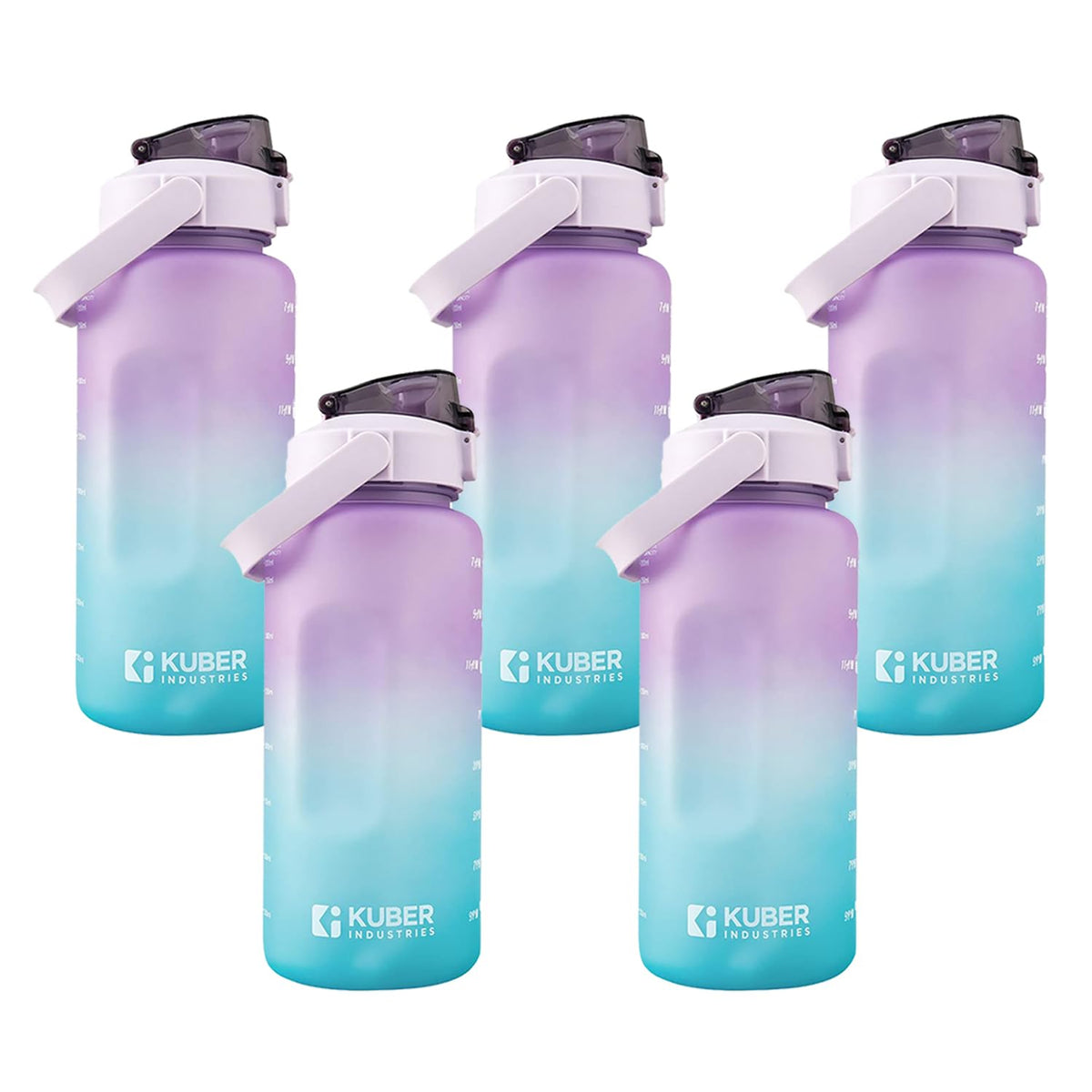 Kuber Industries Motivational 2 LTR Water Bottle with Time Marker|BPA Free,Leakproof,Non-Toxic & Durable|Sipper Water Bottle for Kids & Adults with Straw|For Gym,Home,Office & School|Green (Pack Of 5)
