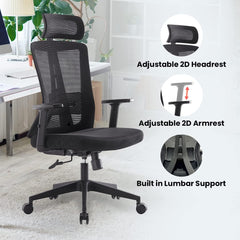 Kuber Industries Ergonomic Office Chairs for Work From Home | Comes with Manual Height Adjustable, Armrest, Headrest & Lumbar Support | Comfy Study Chair for Students with Wheels | Black | 1528A-BLK