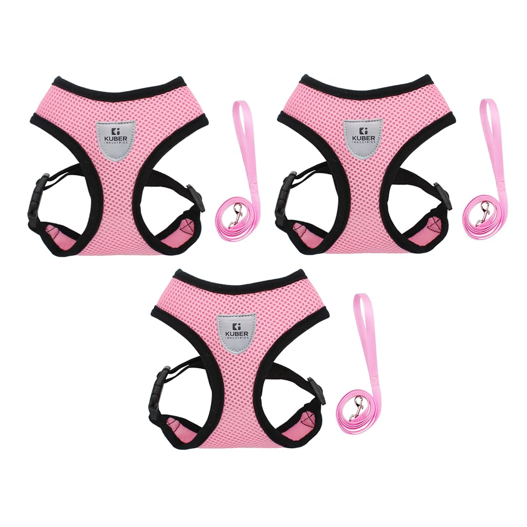 Kuber Industries Reflective Dog Harness with Adjustable Leash|Breathable Polyester Mesh Fabric with Top carry Handle|Large Size|HAT-818|Comfortable No-Pull Grip|Quick Release Buckles|Pink (Pack of 3)