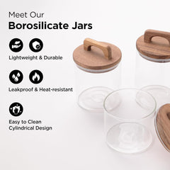Kuber Industries Borosilicate Glass Jars with Wooden Lids and Handles | Airtight Containers with lid | Kitchen Organization Items & Storage | Transparent | Multipurpose | 500ml 660ml 800ml | Pack of 3