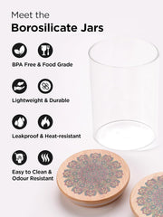 Heart Home Borosilicate Glass Jar with Printed Bamboo Lid|Kitchen Organizer Items and Storage|Multi-utility, Leakproof, Airtight Storage Jar for Cookies,Snacks,Tea,Coffee,Sugar|Pack of 2(1000ml)