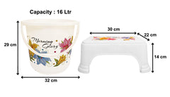 Heart Home Printed 2 Pieces Unbreakable Virgin Plastic Multipurpose Bucket & Stool Set (White)