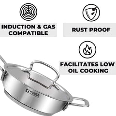 Urbane Home Tri-ply Stainless Steel Kadhai with lid I Induction Base I 2.2 litres Capacity I 22cm Diameter I Extra Deep Frying Pan I Riveted Handles