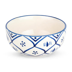 Kuber Industries Ceramic Food Bowl Set | Chini Mitti Bowl | Microwave Safe Ceramic Bowl | Ramen Soup Bowl | Blue Dots Floral Print - White