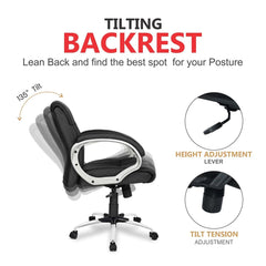 Kuber Industries Ergonomic Leather Office Chairs for Work From Home | Comes with Manual Height Adjustable, Armrest, Headrest & Lumbar Support | Comfy Study Chair for Students with Wheels | Black