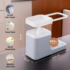 Urbane Home 3-in-1 Soap Dispenser (800ml) with Sponge Holder & Towel Rack | Multifunctional Kitchen Accessories Items for Home | Non-Fragile | Grey