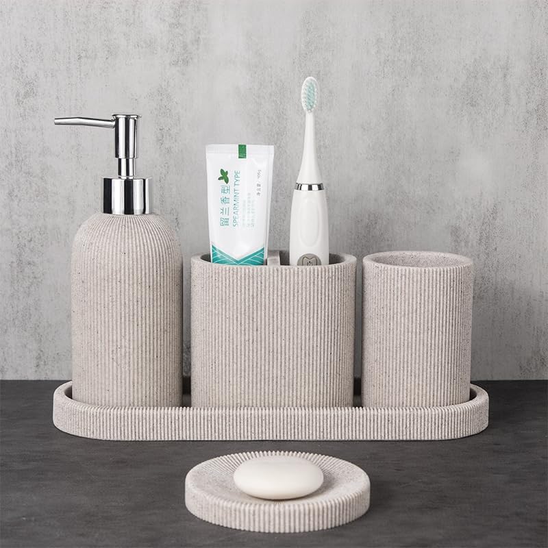 Urbane Home 5-Piece Polyresin Bathroom Accessories Set |Toothbrush Holder, Soap Dispenser, Tumbler, Tray | Accessories for Bathroom & Kitchen | Moisture-Resistant & Scratch-Proof | Khaki