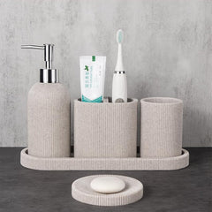 Urbane Home 5-Piece Polyresin Bathroom Accessories Set |Toothbrush Holder, Soap Dispenser, Tumbler, Tray | Accessories for Bathroom & Kitchen | Moisture-Resistant & Scratch-Proof | Khaki