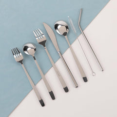 Kuber Industries 7 Pcs Utensil Set | Travel Camping Cutlery Set | Stainless Steel Flatware Set with Bag | Travel Organizer Utensil Set | Durable and Practical | Brown Cover