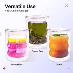 Kuber Industries 6 Pcs Waved Shape Glasses | Double Walled Borosilicate Glass | High Thermal Resistance | Microwave & Dishwasher Safe | 200 ML | Pack of 3 | Yellow
