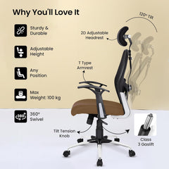 Kuber Industries Ergonomic Office Chairs for Work From Home | Comes with Manual Height Adjustable, Armrest, Headrest & Lumbar Support | Comfy Study Chair for Students with Wheels | Black & Beige Seat